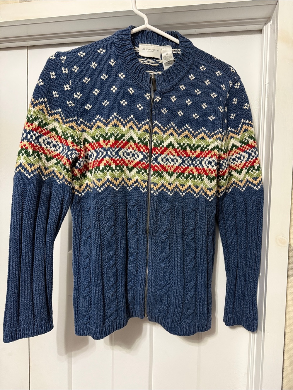 Liz Claiborne Blue Fair Isle Zip-Front Cable Knit Sweater